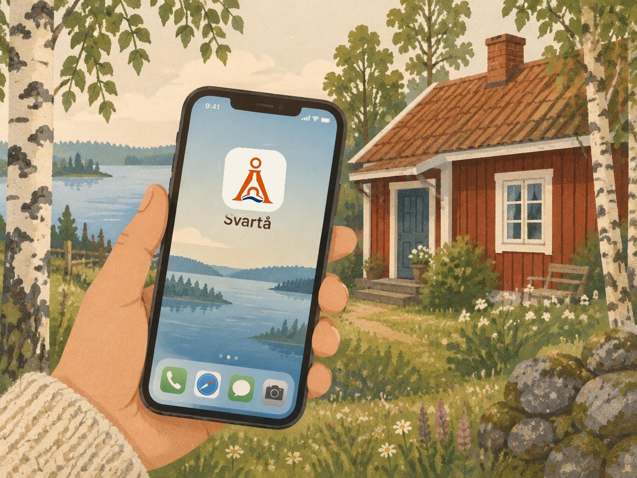 AI-illustration av en hand som håller en mobil med Svartå-appikonen på hemskärmen, framför ett rödmålat hus vid sjön